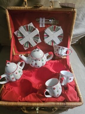 New Delton Fine Collectible Porcelain Miniature Tea Set Basket Polka Dot NWT